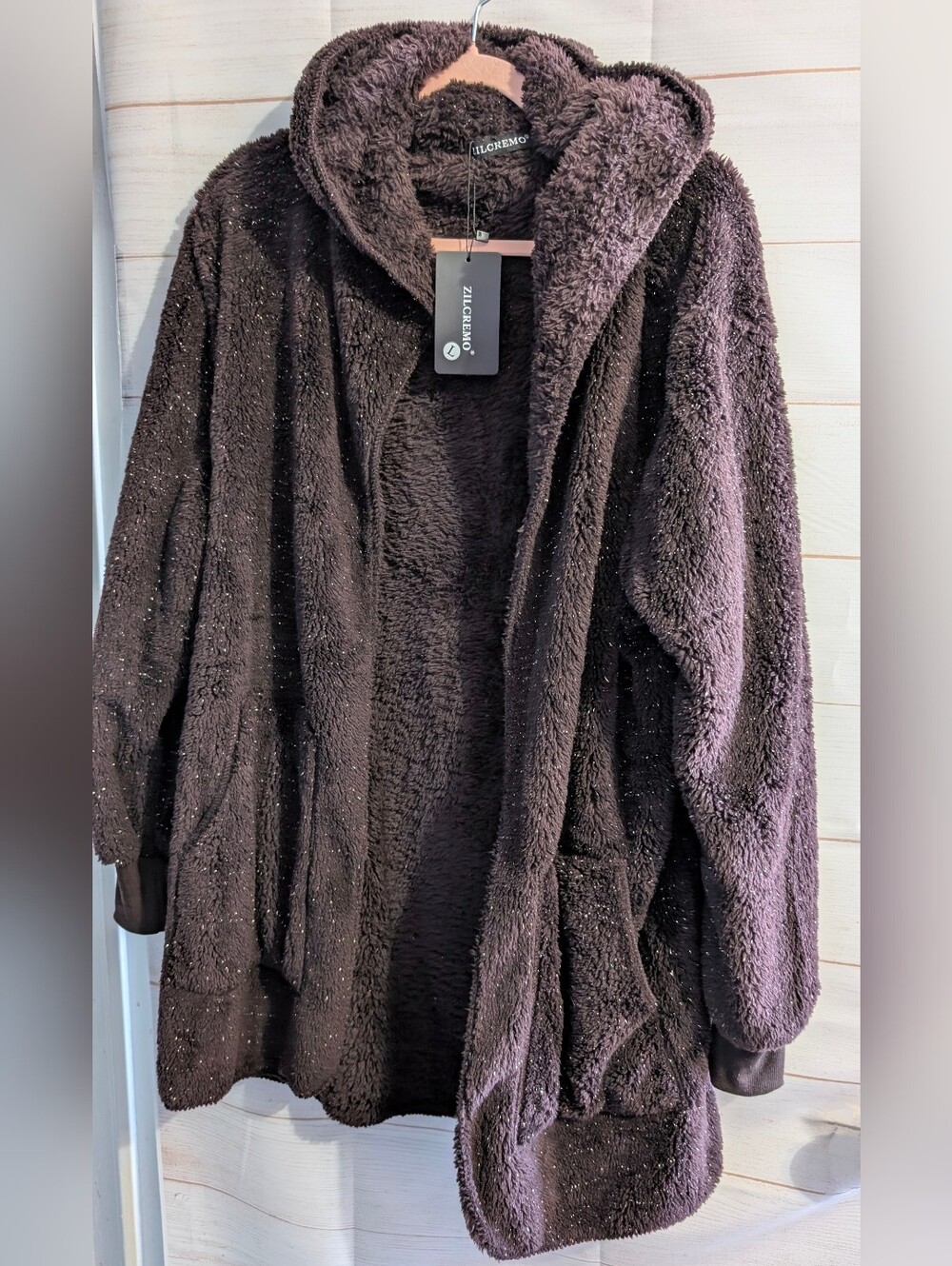 ZILCREMO Plush 🧸 Chocolate Brown 🤎 Teddy Cardigan Sweater With Hoodie Large